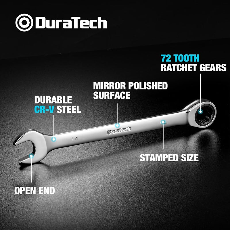 DURATECH 1/4" Ratcheting Combination Wrench, SAE, 72-Tooth, 12-Point, CR-V Constructed with Mirror Polish - Image 4